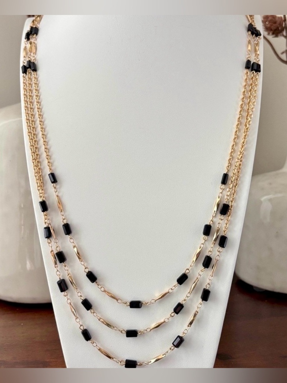 Carol D Studio Goldtone triple chain, black acrylic beveled rectangle stones